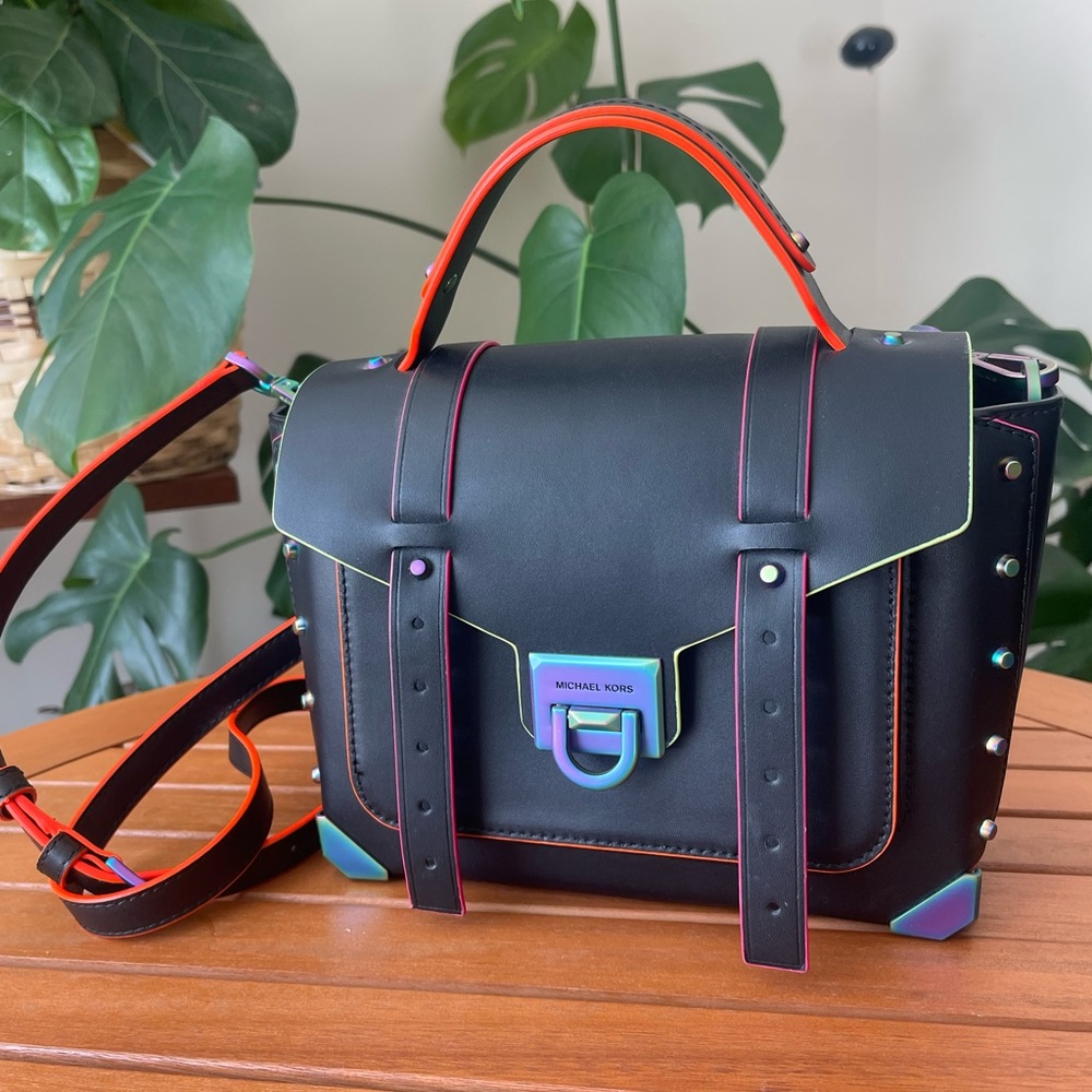 Michael Kors Manhattan Rainbow Black Satchel Rainbow Multicolor Trim